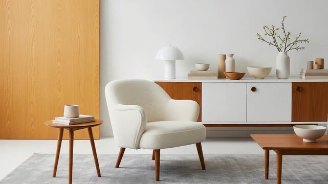 Minimal Scandinavian living room interior with white armchair, oak wood sideboard and coffee table, beige wall, ceramic decor, soft daylight and natural shadow, nobody