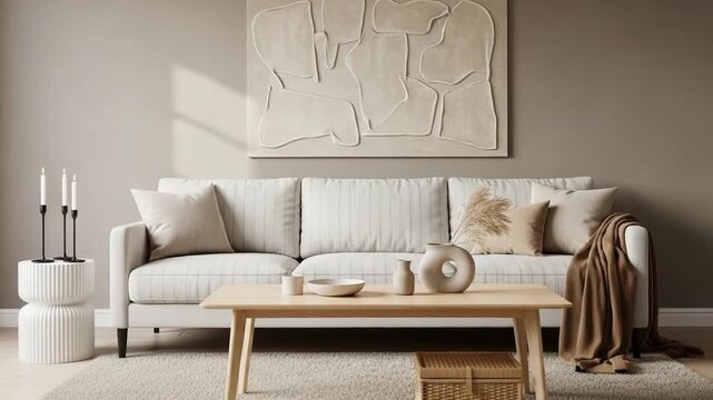 Sunlit modern beige living room with ribbed sofa, textured pillows, wooden coffee table, looped knit throw, minimalist wall relief art and candle on side table