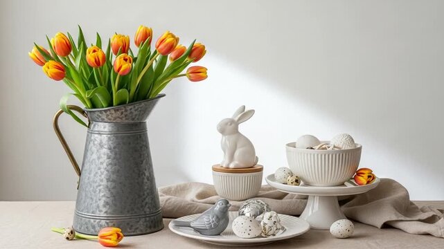 Rustic spring still life with orange tulip bouquet in galvanized metal watering can, white ceramic rabbit figurine, teacup, pastry on wooden table against beige wall