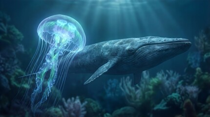 Underwater Encounter Blue Whale and Bioluminescent Jellyfish in Deep Ocean

