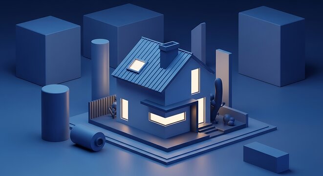 A futuristic 3d rendering of a house surrounded by geometric shapes and structures.