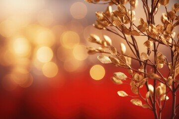 Fototapeta premium Golden glitter leaves sparkling on a branch with warm red bokeh lights creating a festive atmosphere