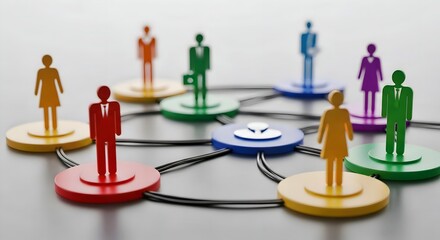 Global Professional Networking: Diverse Human Figurines Connected by Lines on a 3D Interactive Map.
