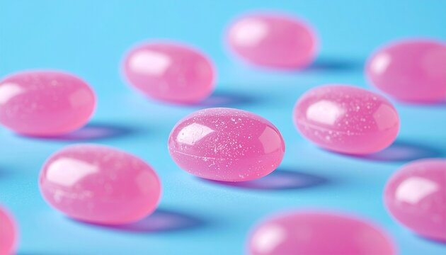 Pink gummy candies on a blue background
