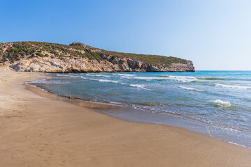 Patara beach coastal landscape photography taken on a sunny summer day. This beach is located near the ancient Lycian city of Patara in Turkey