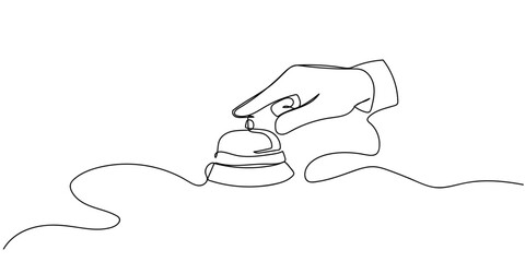 Obraz premium Single continuous line art style: Hand pressing a bell to order food. Line art Illustration Editable stroke.