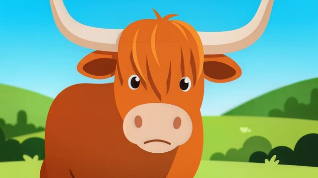 Cute Highland Cow Cartoon Standing in Green Field Landscape