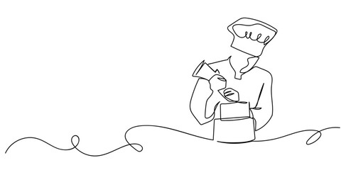 Single continuous line art style - Chef making a cake. Line art Illustration Editable stroke. © Proongnee
