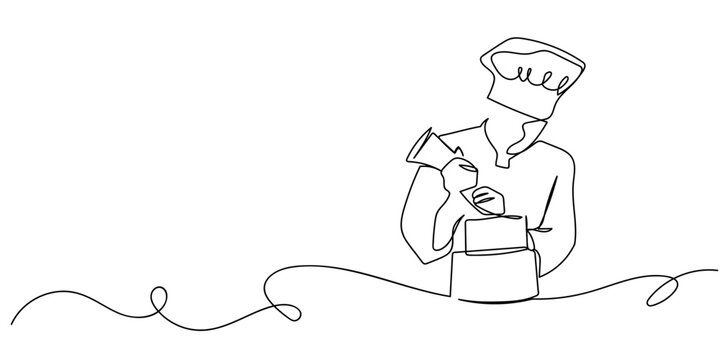 Single continuous line art style - Chef making a cake. Line art Illustration Editable stroke.