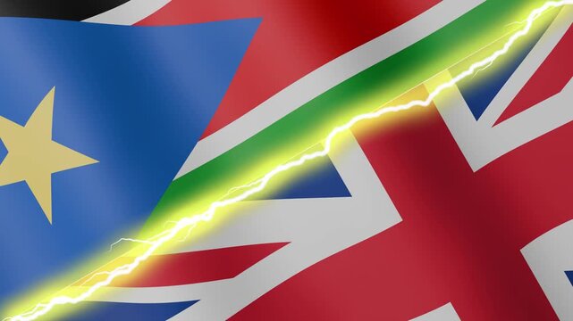 Two waving flags South Sudan and United Kingdom with diagonal lightning seamless, 4k loop
