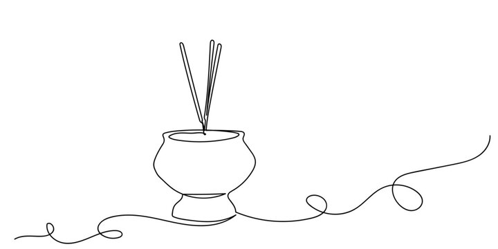 Single continuous line art style. Incense burner for worship in Buddhism. Line art Illustration Editable stroke.