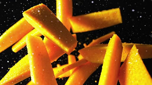 Sweet potato chunk exploding into warm orange fragments and fine starch haze, earthy tones glowing against a black backdrop, captured in mesmerizing slow