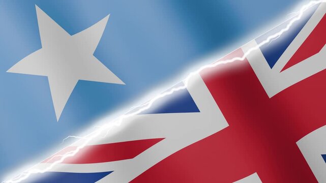 Two waving flags Somalia and United Kingdom with diagonal lightning seamless, 4k loop