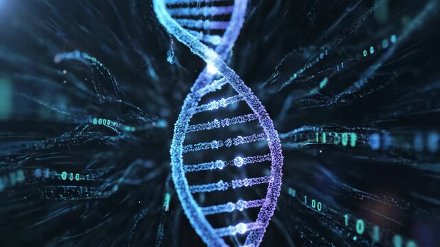 Abstract luminous DNA molecule with digital binary code flowing