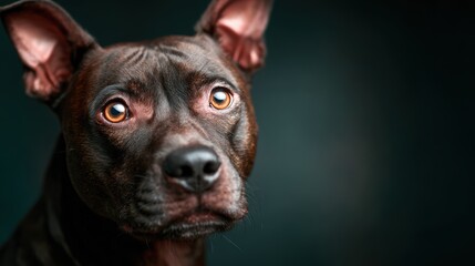 Fototapeta premium A close-up shot of a Pitbull with soulful eyes captures an emotional moment, expressing deep feelings of loyalty and companionship, inviting connection and empathy from viewers.