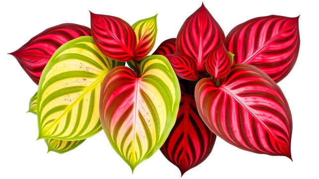 Set of Caladium bicolor leaves isolated on white background. Colorful plant for decoration . Plants that Bring Good Luck, Prosperity and Fortune