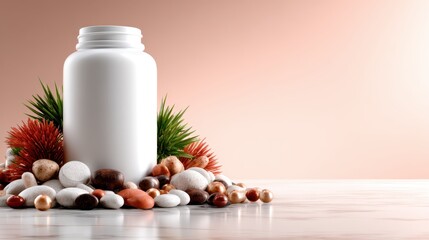 A minimalistic scene featuring a sleek white bottle surrounded by a variety of decorative stones, creating an aesthetic balance of simplicity and natural beauty on display.