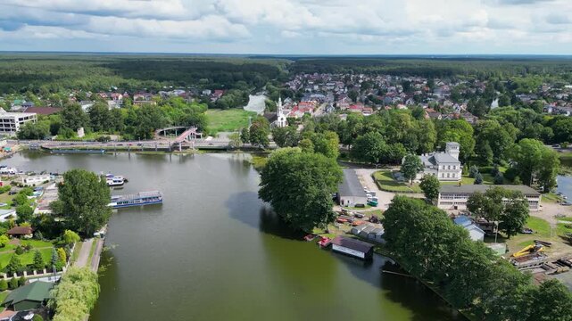 Aerial drone video of Augustow city on the Netta River and Augustow Canal, Podlaskie region, Poland