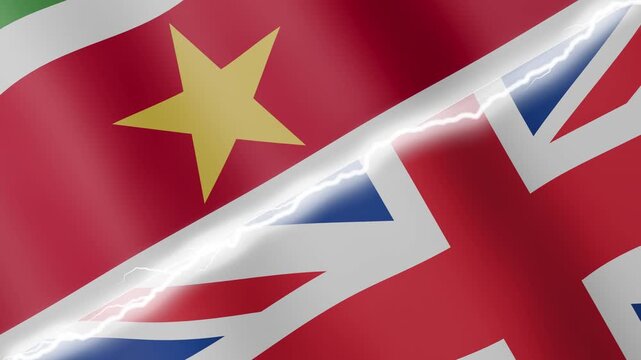 Two waving flags Suriname and United Kingdom with diagonal lightning seamless, 4k loop