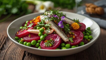 Finnish salad with pickled herring, beets, and peas