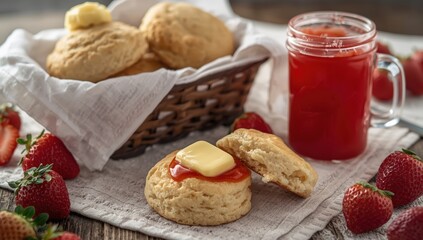 Flaky buttermilk biscuits with strawberry spread for breakfast