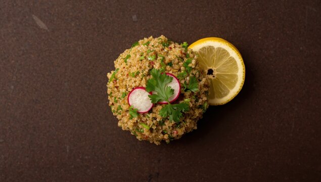 Overhead view of Tabbouleh salad made with bulgar and parsley on a dark surface