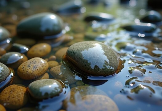 Glassy Riverbed Pebbles Nestled in Crystal Clear Stream Water Cascading Over Shallow Base