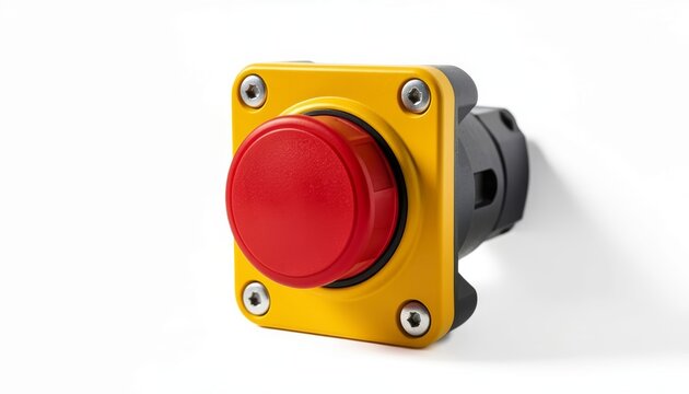 Red Emergency Stop Button with Yellow Casing for Industrial Machine Control and Safety Systems