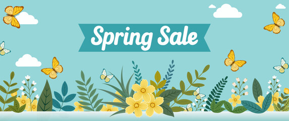 Fototapeta premium Beautiful floral background. Leaves, yellow flowers, butterflies, inscription spring sale, for cover social network, invitation, wedding, holiday.