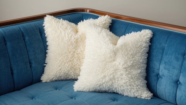 Pair of white cushions on retro blue sofa corner