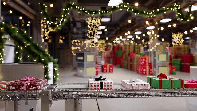 Festively decorated warehouse with conveyor belt carrying wrapped gifts. Ideal for showcasing holiday shopping and gift preparation processes