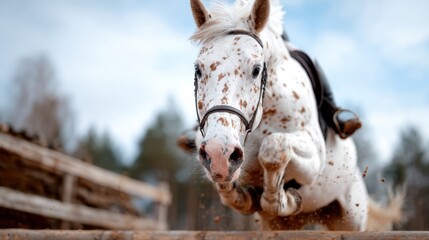 Fototapeta premium A dynamic image of a spirited white horse leaping energetically over a wooden barrier, capturing the grace and power of equestrian sport and the bond between horse and rider.