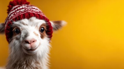 Fototapeta premium A playful llama dons a charming red knitted hat against a vibrant yellow backdrop, radiating joy and cuteness that captures attention and spreads happiness.