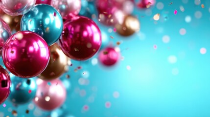 A vibrant explosion of colorful party balls, complete with sparkles and confetti, creating a festive and joyful atmosphere, perfect for celebrations, parties, and events.