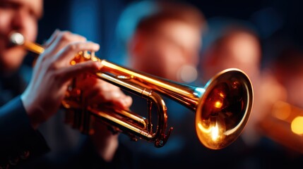 Fototapeta premium An engaging scene of musicians with trumpets, illuminated in a soft, dim light, capturing the energy and intensity of a live performance in a captivating setting.