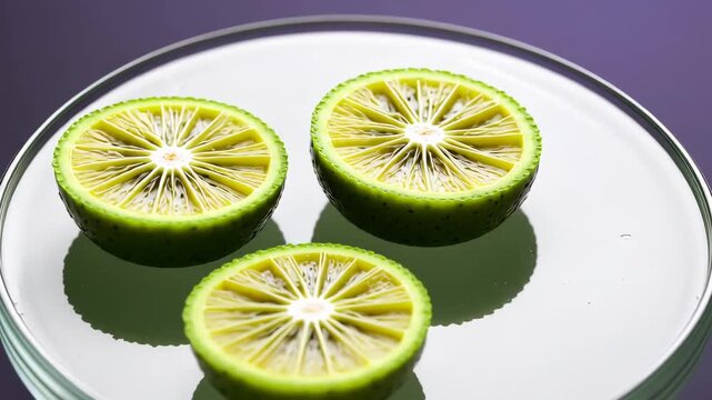 Sliced kiwi halves, bright green patterns on reflective glass, soft studio glow. Slow camera orbit reveals clean modern look, subtle reflections,