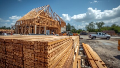 Piled timber at building site ready for house construction