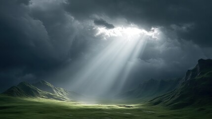Dramatic Dark Sky with Rays of Light Illuminating a Stormy Landscape