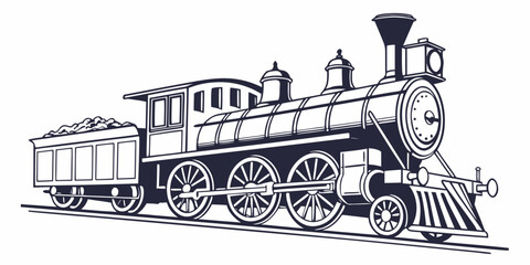 A vintage steam locomotive with a passenger car traveling through a scenic landscape. © Gf