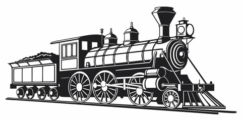 A vintage steam locomotive with a passenger car traveling through a scenic landscape © Gf