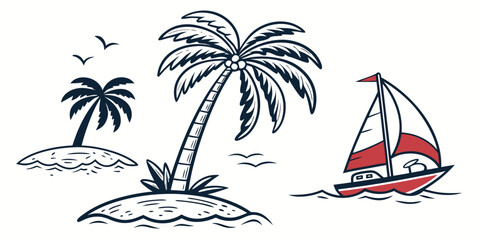 A serene tropical scene with a sailboat and palm trees on a small island