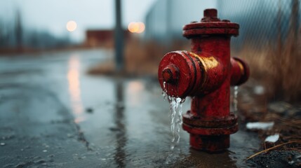 Fototapeta premium A weathered red fire hydrant leaking water onto the street, highlighting urban decay and the passage of time amidst the bustling city landscape with reflective puddles.