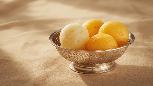 Popular Indian sweets rasgulla and gulab jamun served in silver dishes