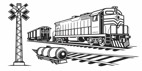 A vintage train engine and freight cars traveling through a rural landscape with a windmill. © Gf