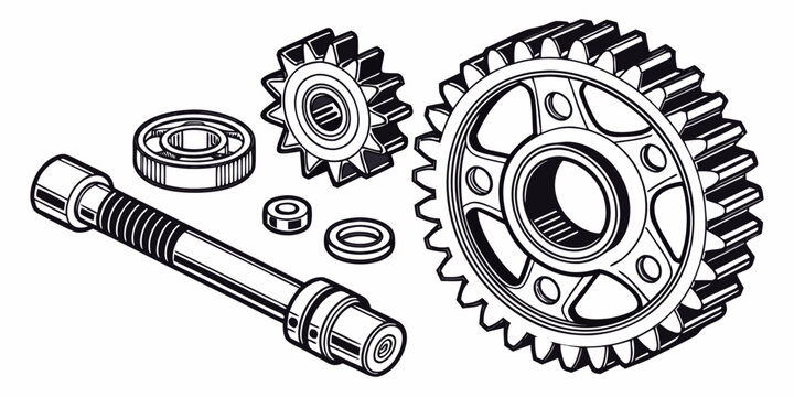 A detailed illustration of various mechanical gears and a wrench.