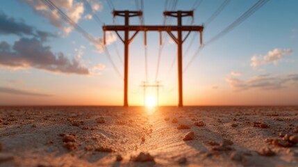 Captured in this photograph, silhouettes of power lines create a dramatic effect against a stunning desert sunset, symbolizing the junction of nature and technology.