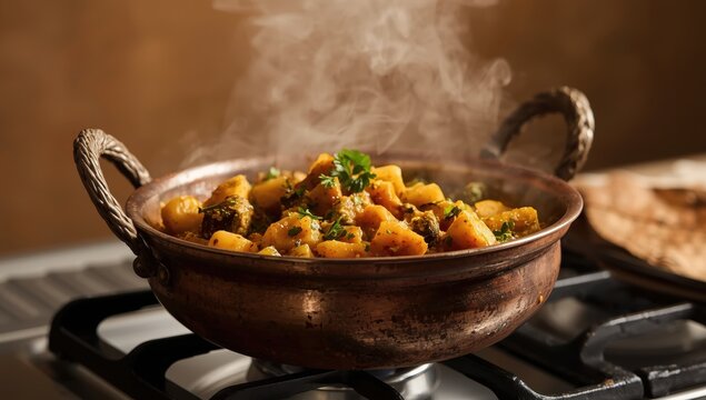 Prepare Indian-style potato and brinjal curry in a kadai on a gas stove