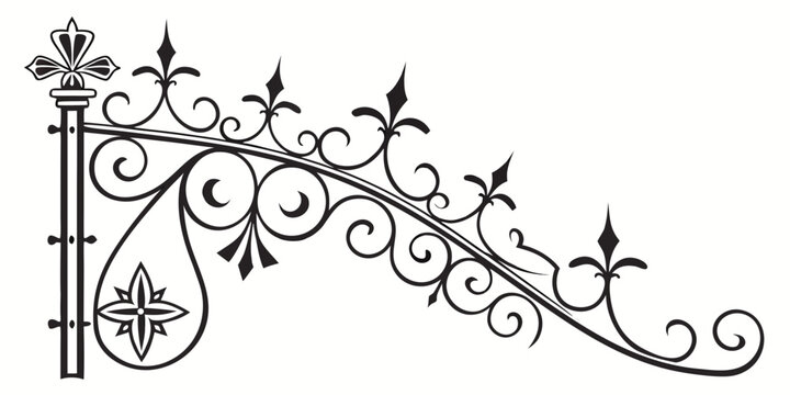 Intricate black and white wrought iron fence design with ornate details