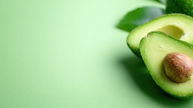 A simple yet striking depiction of a freshly halved avocado on a soft pastel green backdrop, emphasizing natural beauty and healthfulness in a minimalist style design.