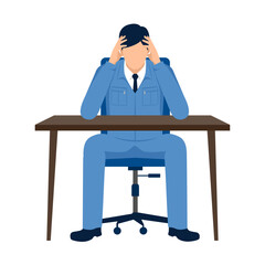 フラットイラスト、机に座り頭を抱える作業着の男性、悩み